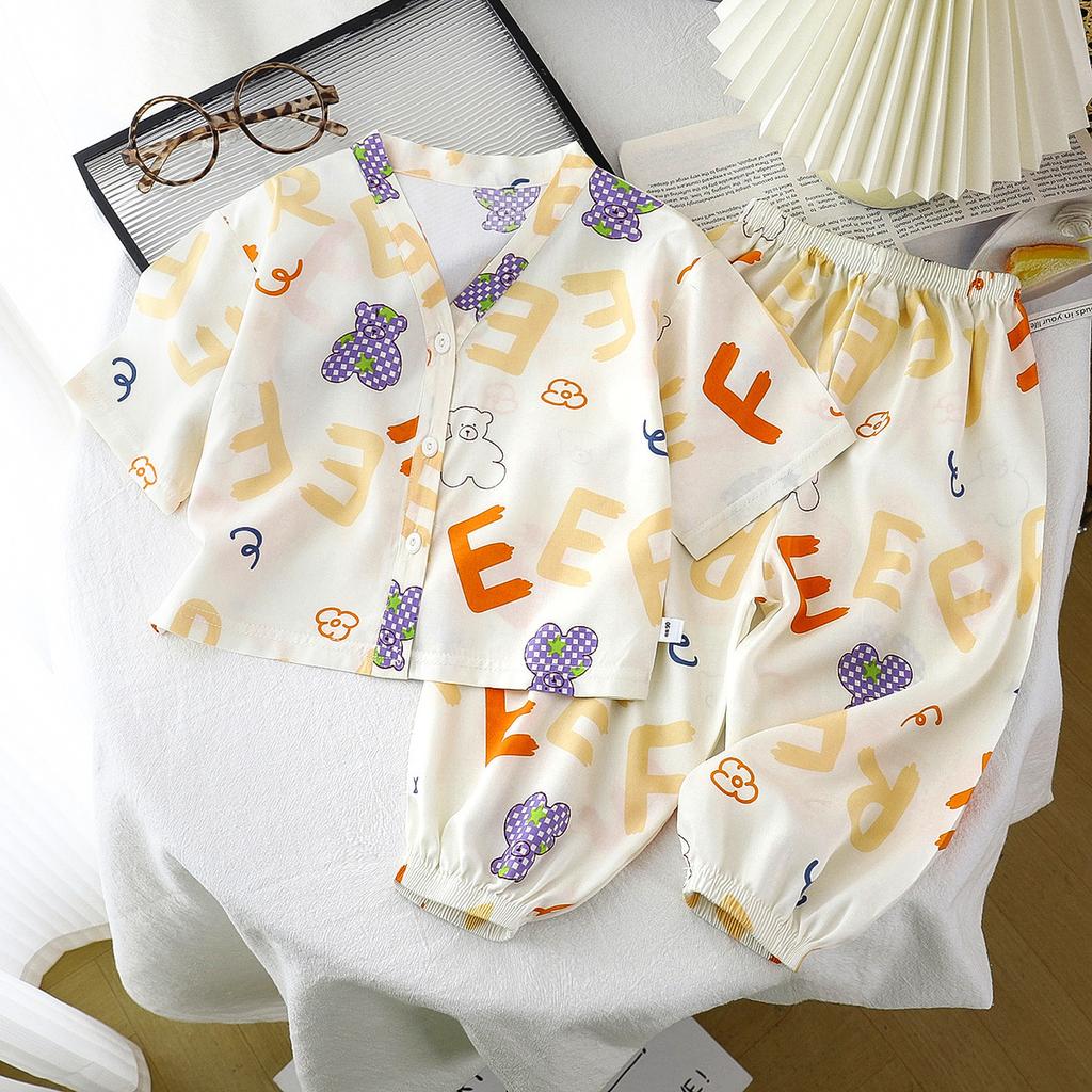 Children's Home Clothes Cotton Silk Set Summer Men's and Women's Pajamas Artificial Cotton Two Piece Set Cotton Silk Air Conditioning Clothes