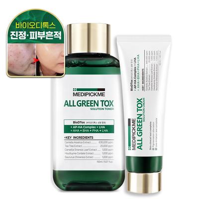 Medipickme All Green Tox Solution 2dílná sada (toner + krém) péče o problémy, péče o akné, kosmetika na akné v mládí, cica krém, 1 kus