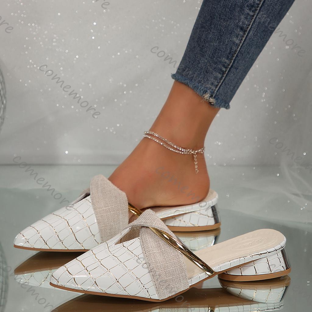 Comemore Slippers for Women Summer New Pointed Head Sexy Temperament Low Heel Women's Shoes Casual Baotou V-mouth Mules Slipper