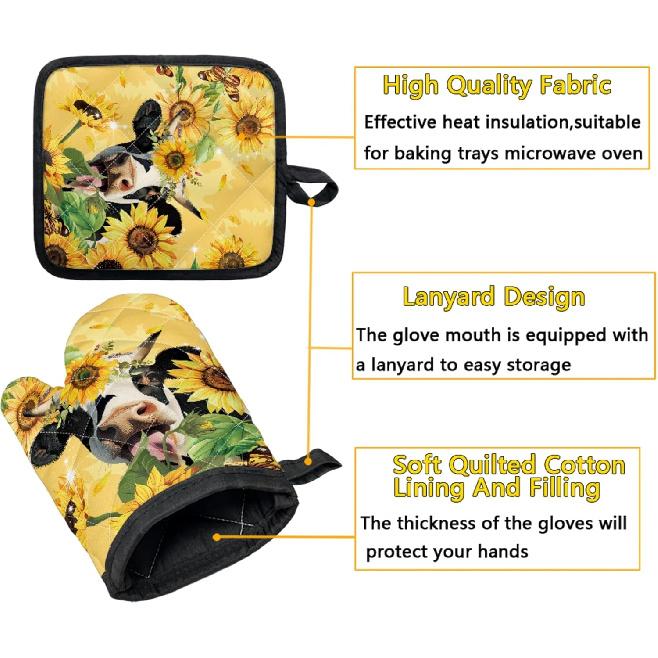UNICEU Sunflower Cow Print Oven Mitts and Pot Holders Set of 4 Heat Resistant Kitchen Oven Mitts Gloves and Potholders for Baking Cooking Grilling