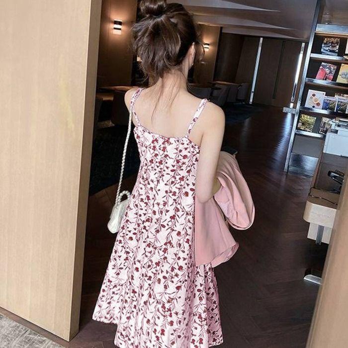 Floral Sleeveless Spaghetti Strap Dress for Women, Spring/summer New First Love French Vintage Design Mermaid Long Skirt