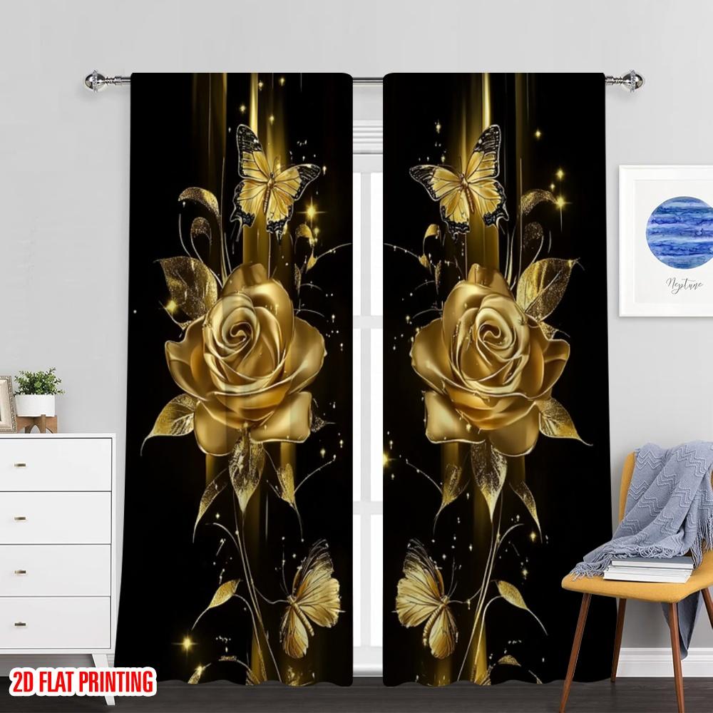 Flat Printingluxurious Rose Golden Floral Butterfly Printed Curtain Suitable Living Room Dining Kitchen Set Of 2 Made Polyester Washable Ready