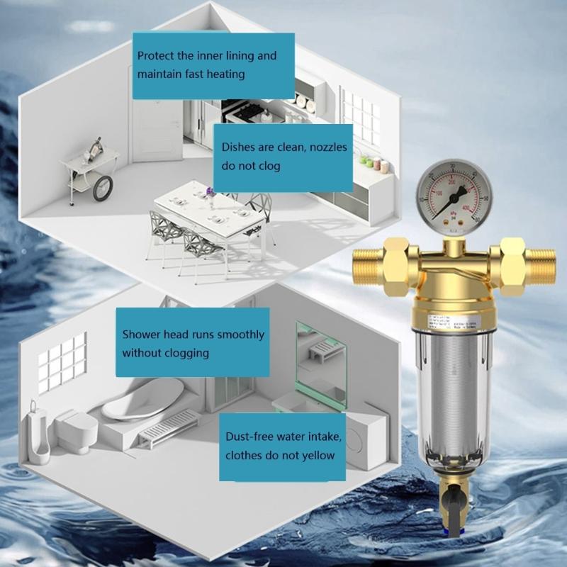 Universal 3/4inch Or 1/2inch Threaded Backwash Sediment Filter with Pressure Gauges for Whole Houses Water Systems