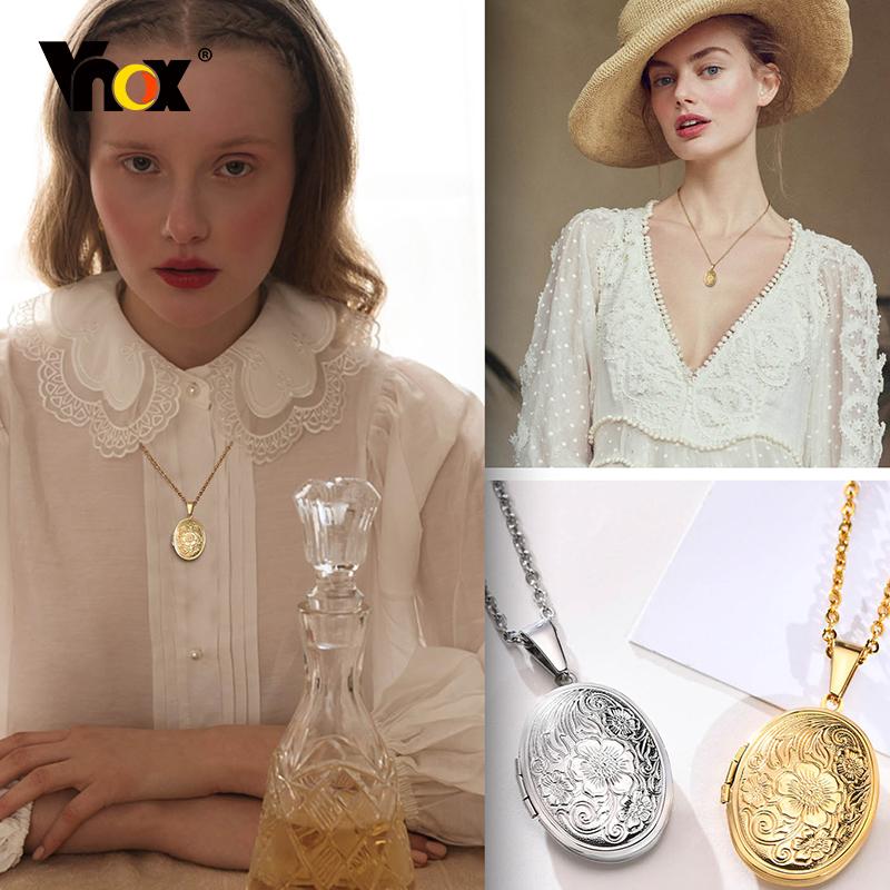 Vnox Monogram Floral Oval Heart Locket Pendant Necklaces for Women Men, Stainless Steel Photo Frame Promise Love Keepsake Collar