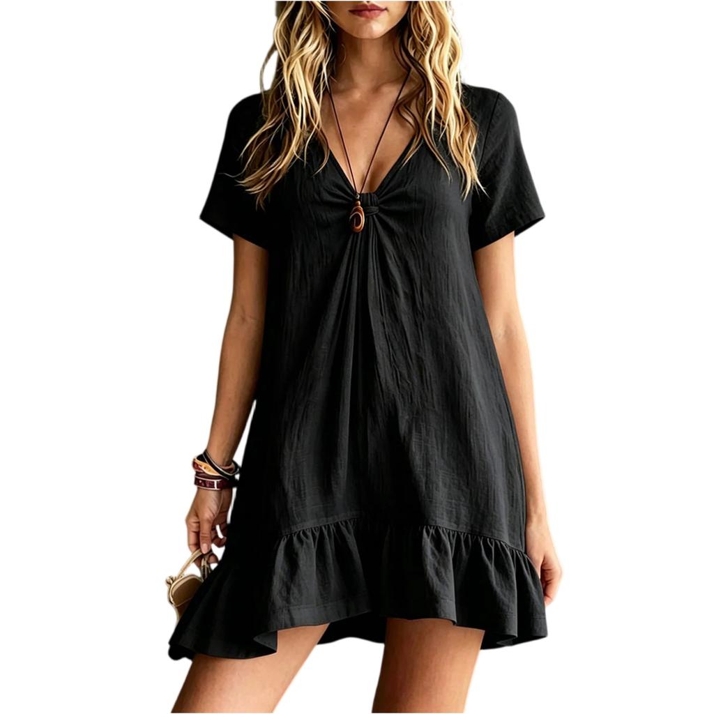 Damen V-Ausschnitt Kurzarm Lockerer Schnitt Freizeitkleid Rüschensaum Minikleid Sommer Strandmode