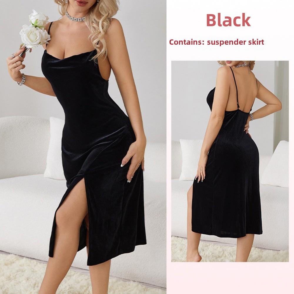 

Сексуальна нічна сорочка з розрізом, з відкритою спиною, з оксамиту, мила, проста халатна домашня піжама L