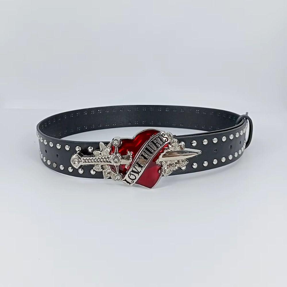 Y2k Black Rivet Belt Hip-hop Jeans Belt Vintage Heart Waistband  Men Women