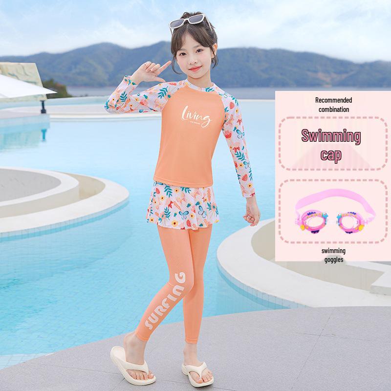 Girls' 2025 Long Sleeve Two-Piece Swimsuit for Sun Protection – Ideal for Middle and Big Kids, Perfect for Hot Springs and Swimming.