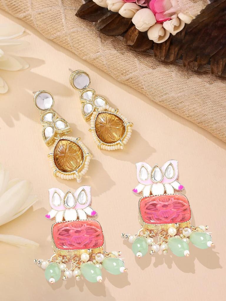 Set of 2 Multicolor Ethnic Enamel Yellow Gold Drop Earrings For Women