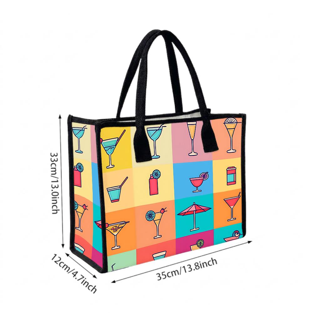 Cute Cocktail Printed Tote Bag for Daily Shopping Casual Large Capacity Reusable Canvas Handbag for Women