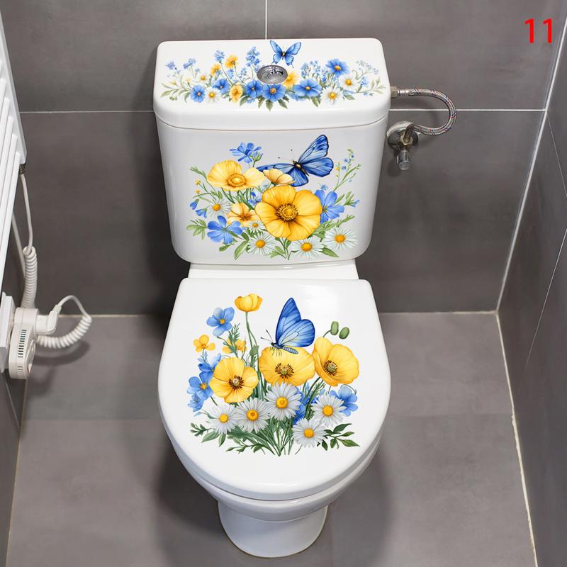 Toilet Sticker Flower Butterfly Sticker Bathroom Self-Adhesive Painting Waterproof Sticker Toilet Cover Bathroom Wall Sticker