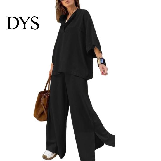 Lightweight Casual Outfit Women's Two-Piece Oversized 3/4 Sleeve Pullover Top And Spring Autumn Fashion Wide Leg Pants Set Fall Loose Lounge