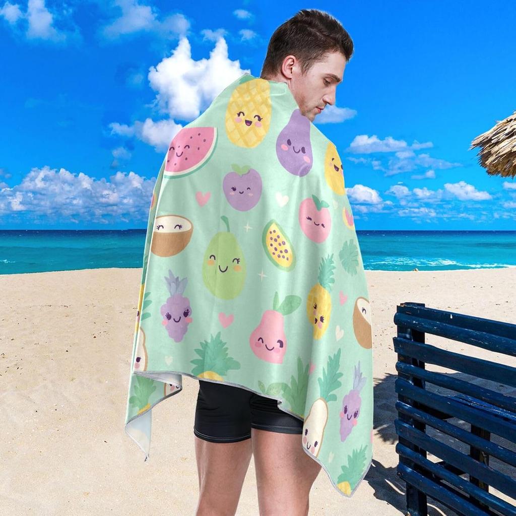 Kawaii-Style Smiling Tropical Fruit Beach Towel Large Thin Sand Free Quick Dry Towels Travel Swim Pool Yoga Gym Camping Adults