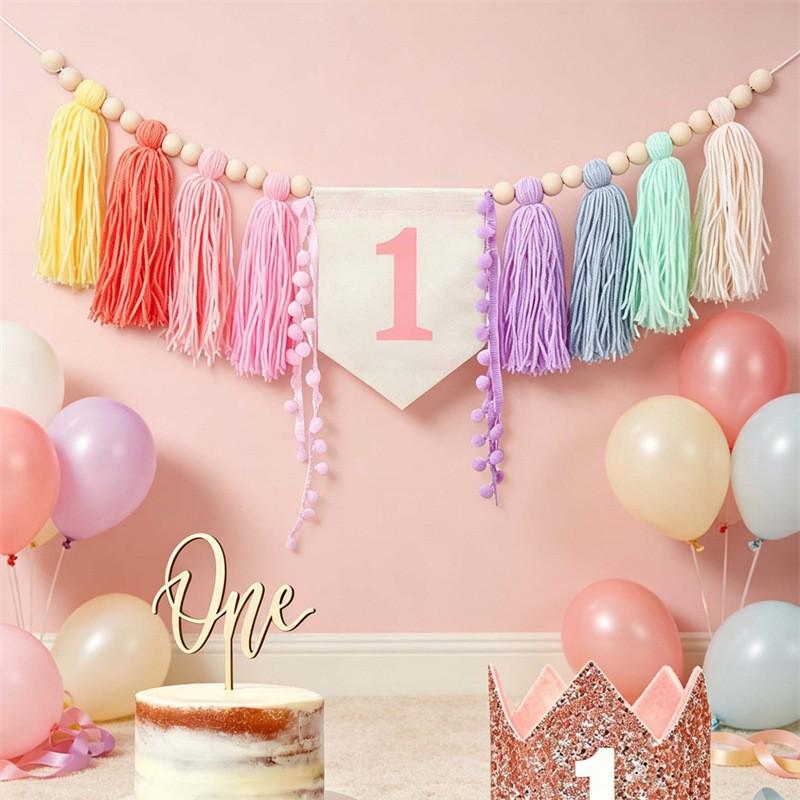 Bohemian Wooden Bead & Tassel Banner for Children's 1st Birthday Party Decor