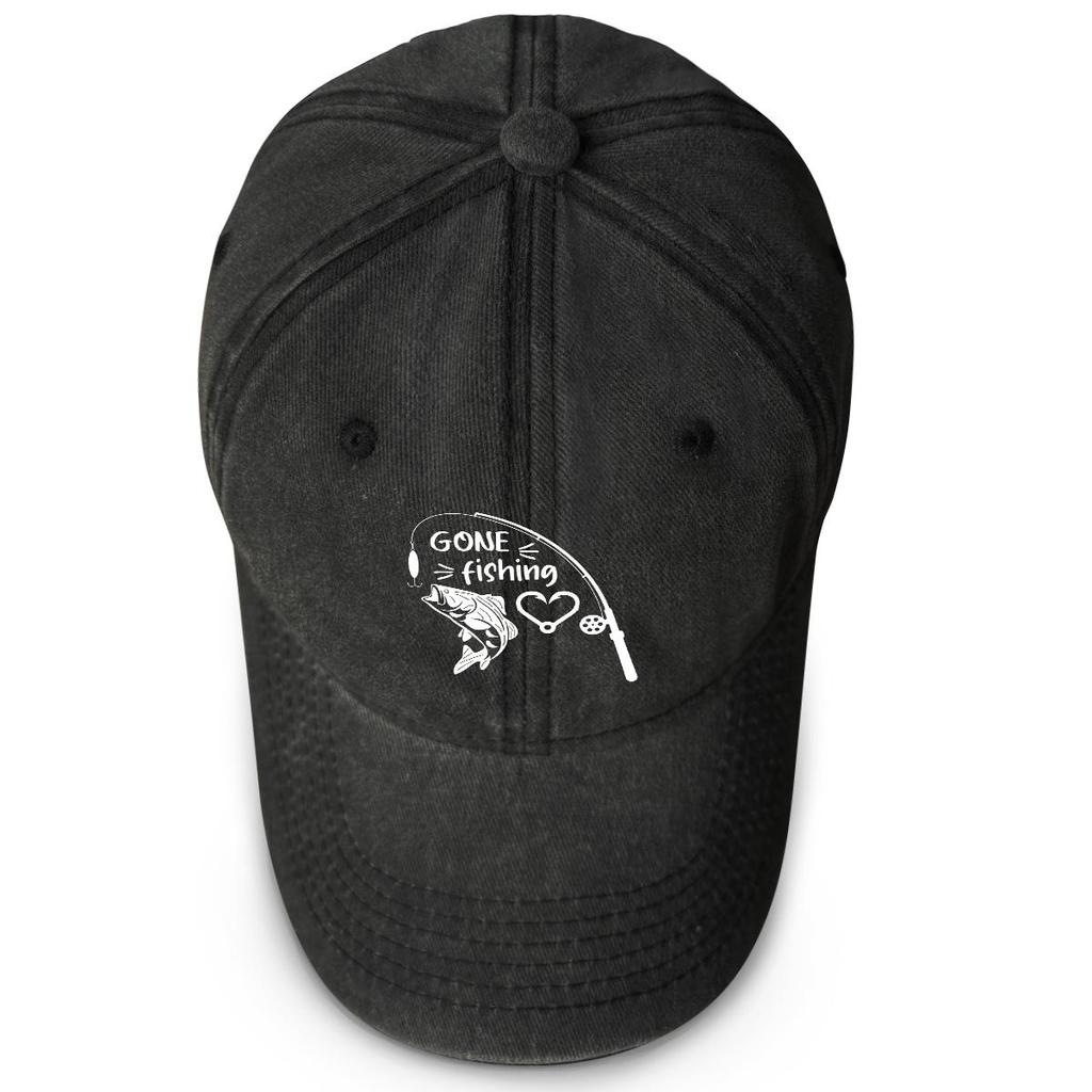 GONE Fishing" Print Adjustable Sun Hat, Fishing Rod Fishhook Flat Cap Washed Simple Hip Hop Adjustable Buckle Snapback Baseball Hat