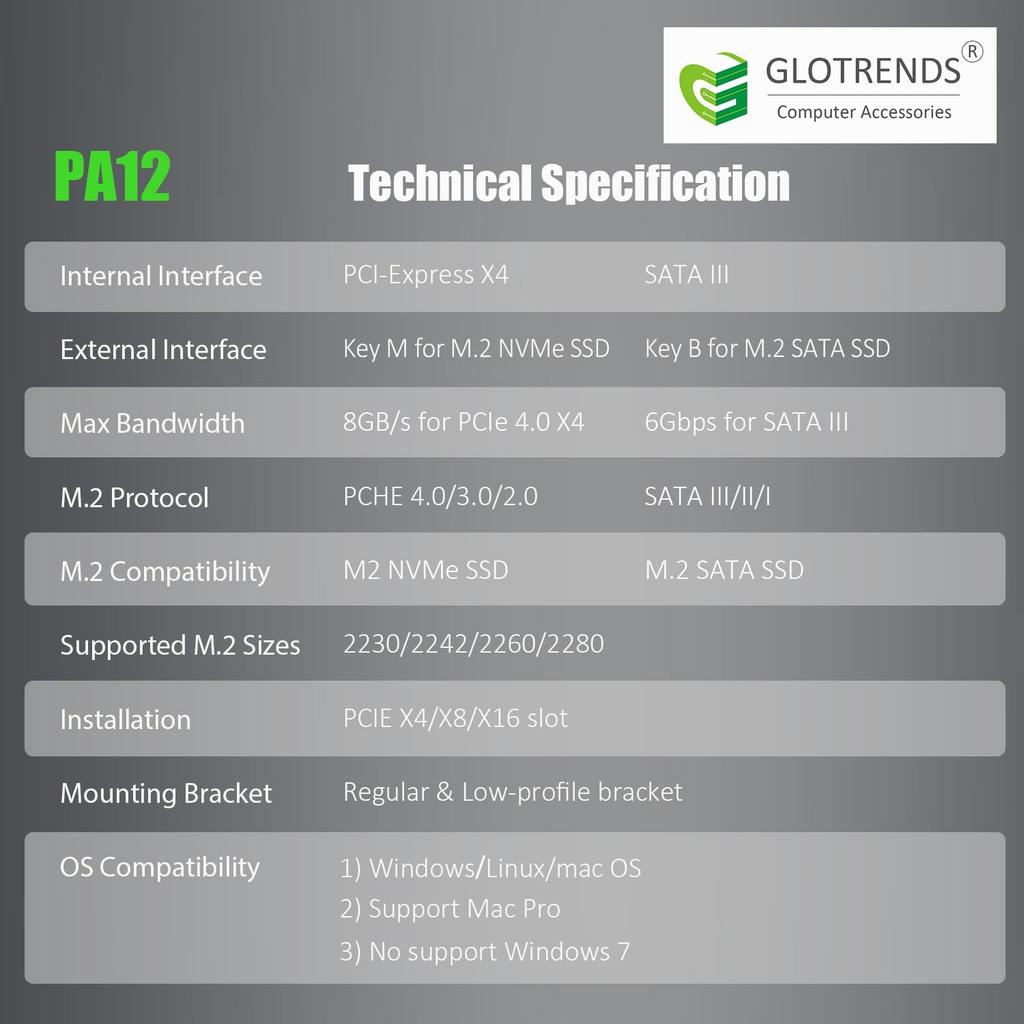 GLOTRENDS PA12 PCIe Conversion Supports one NVMe SSD and one SATA M.2 Adapter M.2 M.2 SSD.