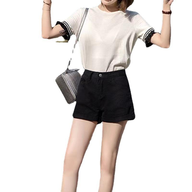 Džínové šortky s vysokým pasem Dámské letní rolované volné tenké kraťasy s širokým střihem do A
