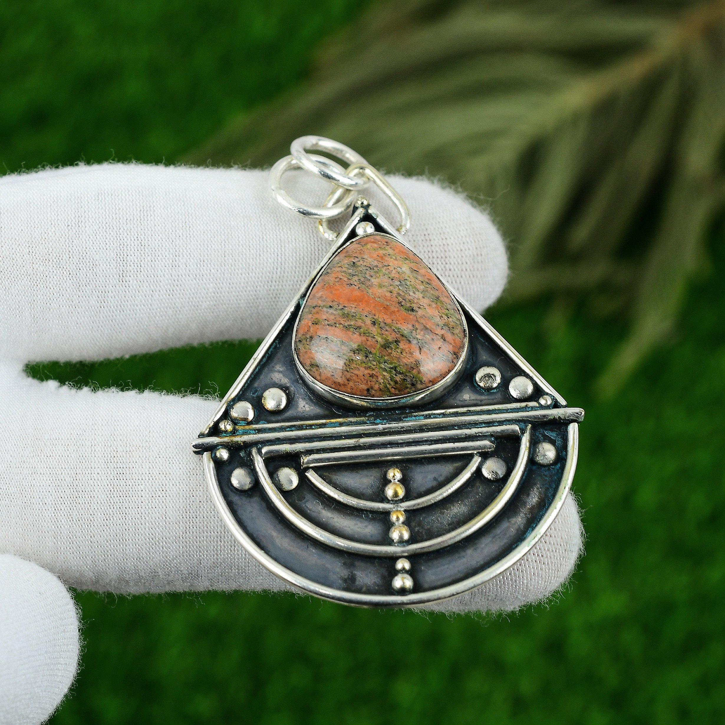 

Natural Unakite Gemstone Indian Jewelry 925 Sterling Silver Pendant For Girls