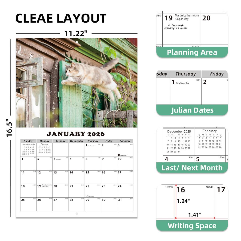 Tematický nástěnný kalendář 2026 Anglický měsíční kalendář s 16 HD fotografiemi