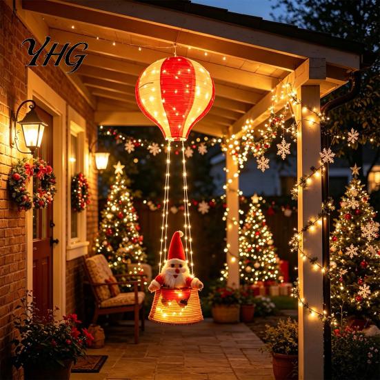 Indoor Festive Lighting Christmas Santa Claus Hot Air Balloon Lantern, Lighted Outdoor Decoration with Foldable Holiday Decorations LED String Lights,