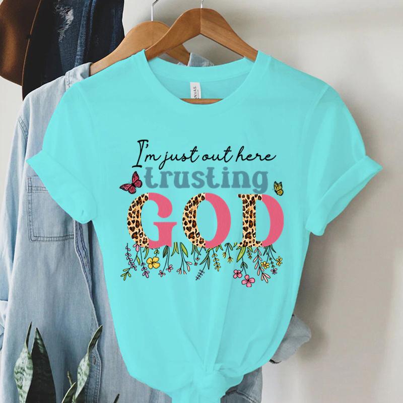 I'm Just Authere Trusting God Print T Shirt Vintage Christian T-Shirts Women Short Sleeve Faith Shirt Summer Religious Tshirt