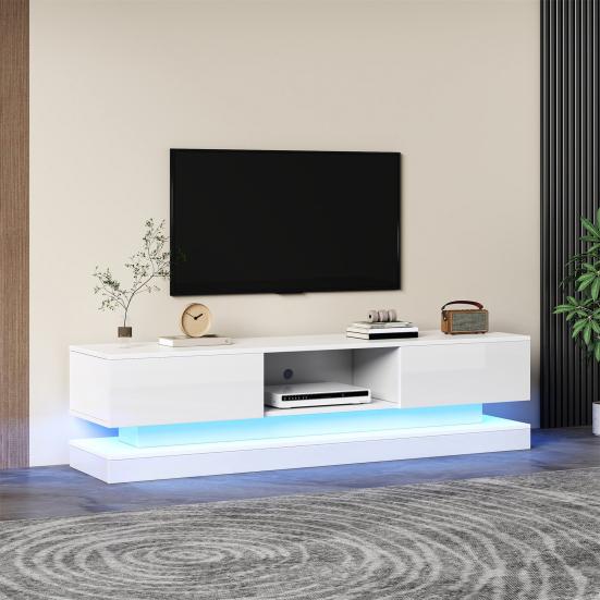 TV Media Cabinet, White High-Gloss TV Cabinet with LED Light, 2 Drawers, App Control, Anti-Tilt Design, for 60-Inch TV