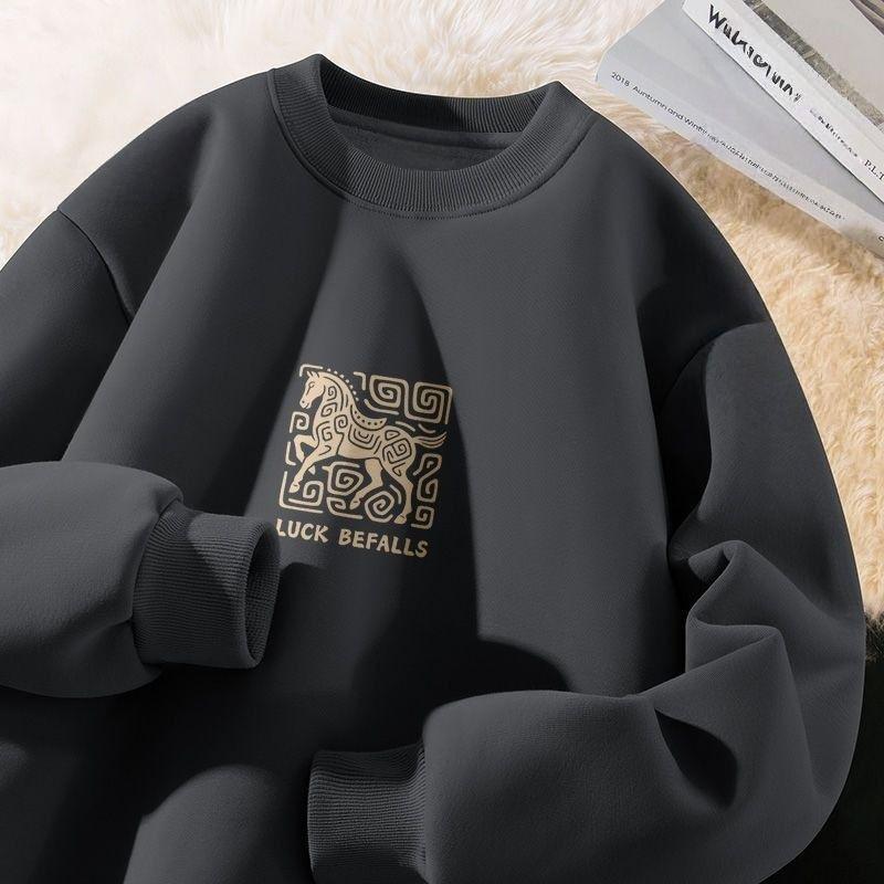 Men's Year of the Horse Red Coral Fleece Hoodie with Velvet Lining - Loose Fit, Pure Cotton, Round Neck