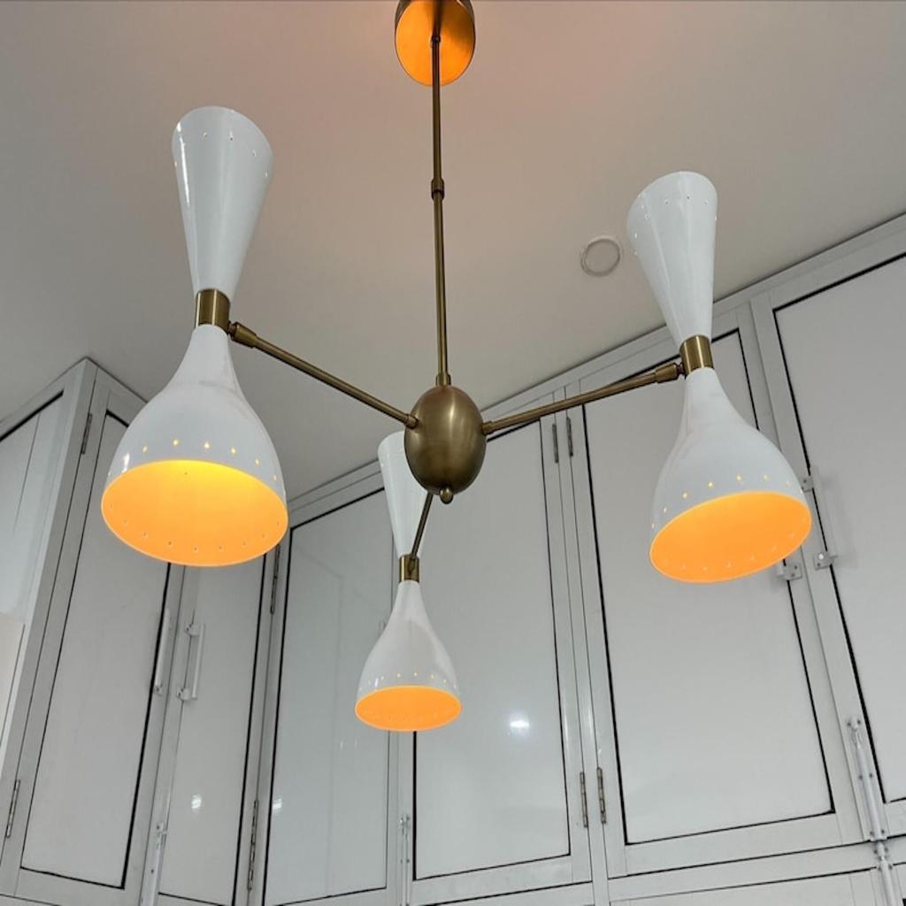 Modern Stilnovo 3 Arms Handmade Chandelier 6 Lights Mid Century Light Fixture Italian Design Chandeliers Raw Brass And White Decorative