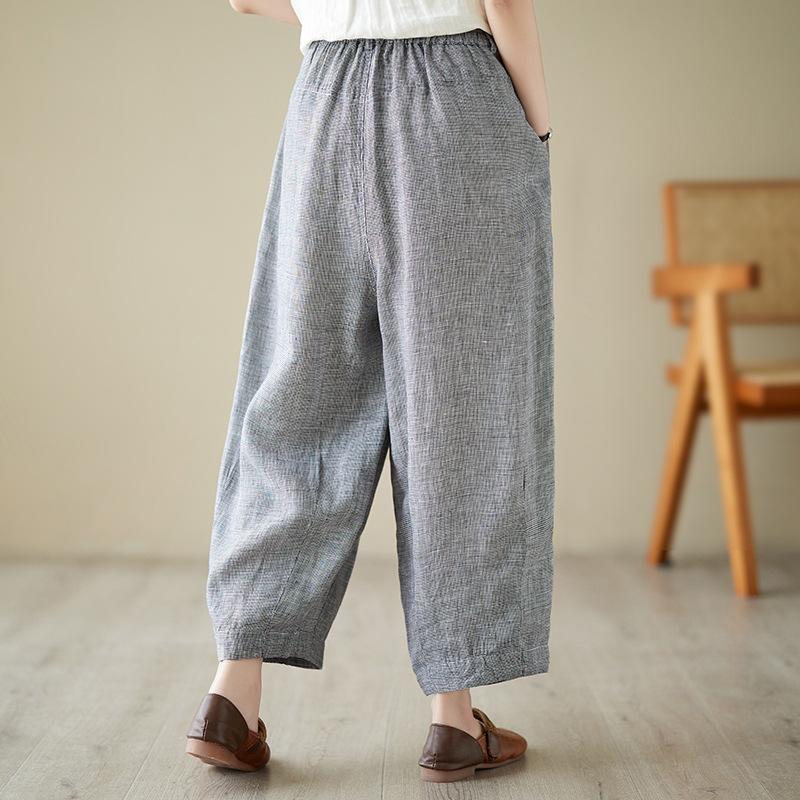 Pantalon à carreaux rétro artistique de printemps et d'été avec taille élastique, coton et lin, pantalon décontracté pour femmes