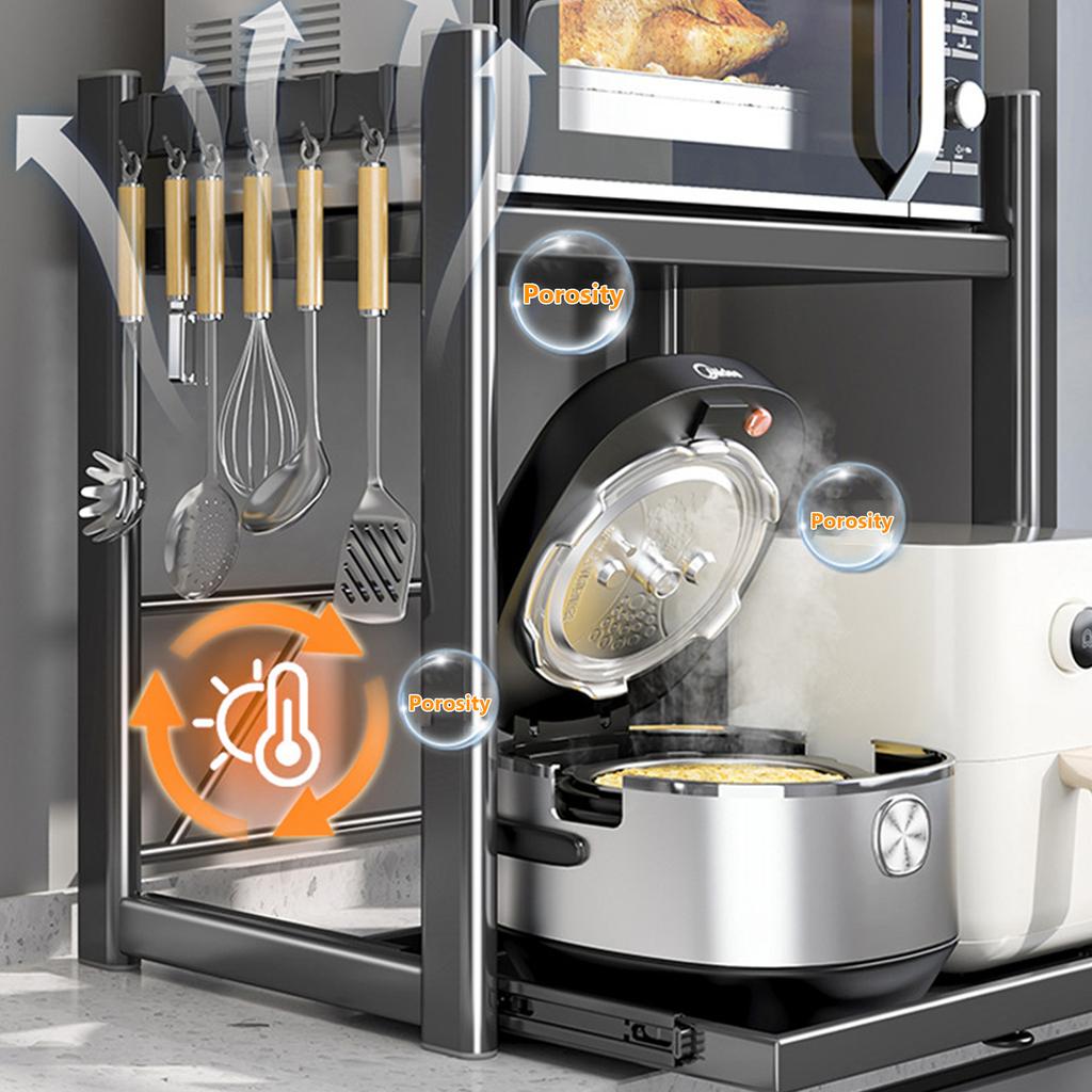 Expandable Microwave Rack with Hooks Microwave Storage Stand Non Slip Over Microwave Shelf Carbon Steel for Kitchen