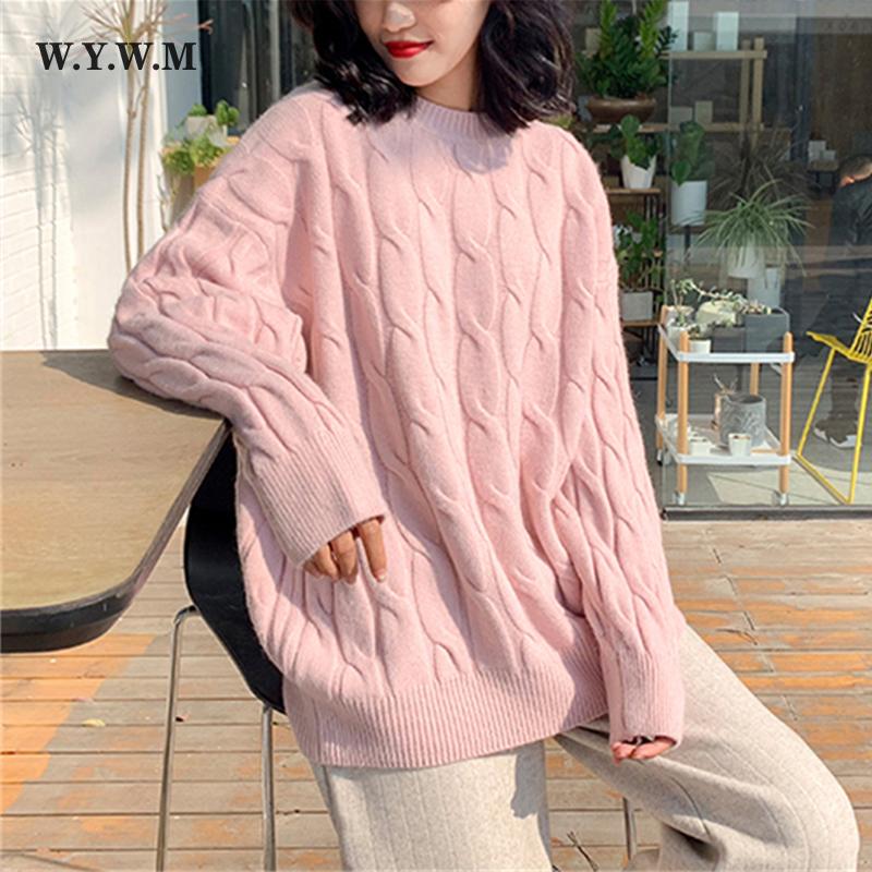 WYWM осень-зима свободный вязаный свитер женский модный однотонный пуловер с круглым вырезом и длинными рукавами женский простой базовый джемпер 1554₽