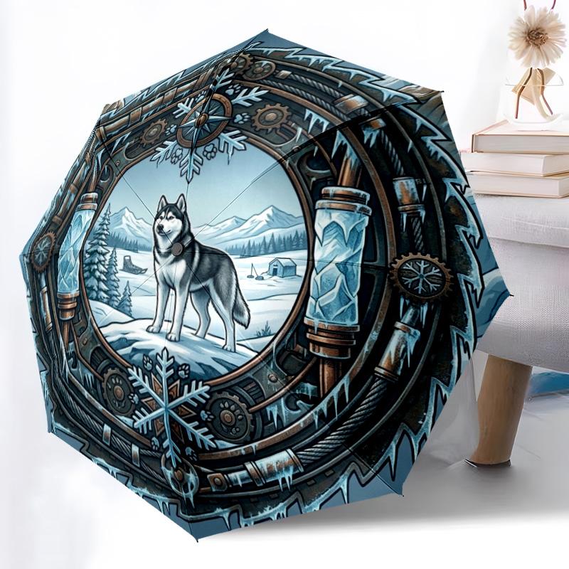 Winter Wolf Portal pattern umbrella, portable and foldable design, 8 ribs, a casual accessory for Halloween, Christmas, and birthday gifts.