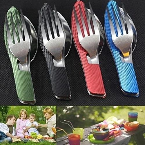 Edelstahl 4 in 1 Tragbares Outdoor-Taschenklappmesser Gabel Löffel Set Multifunktionales Besteck Löffel Gabel Messer Öffner