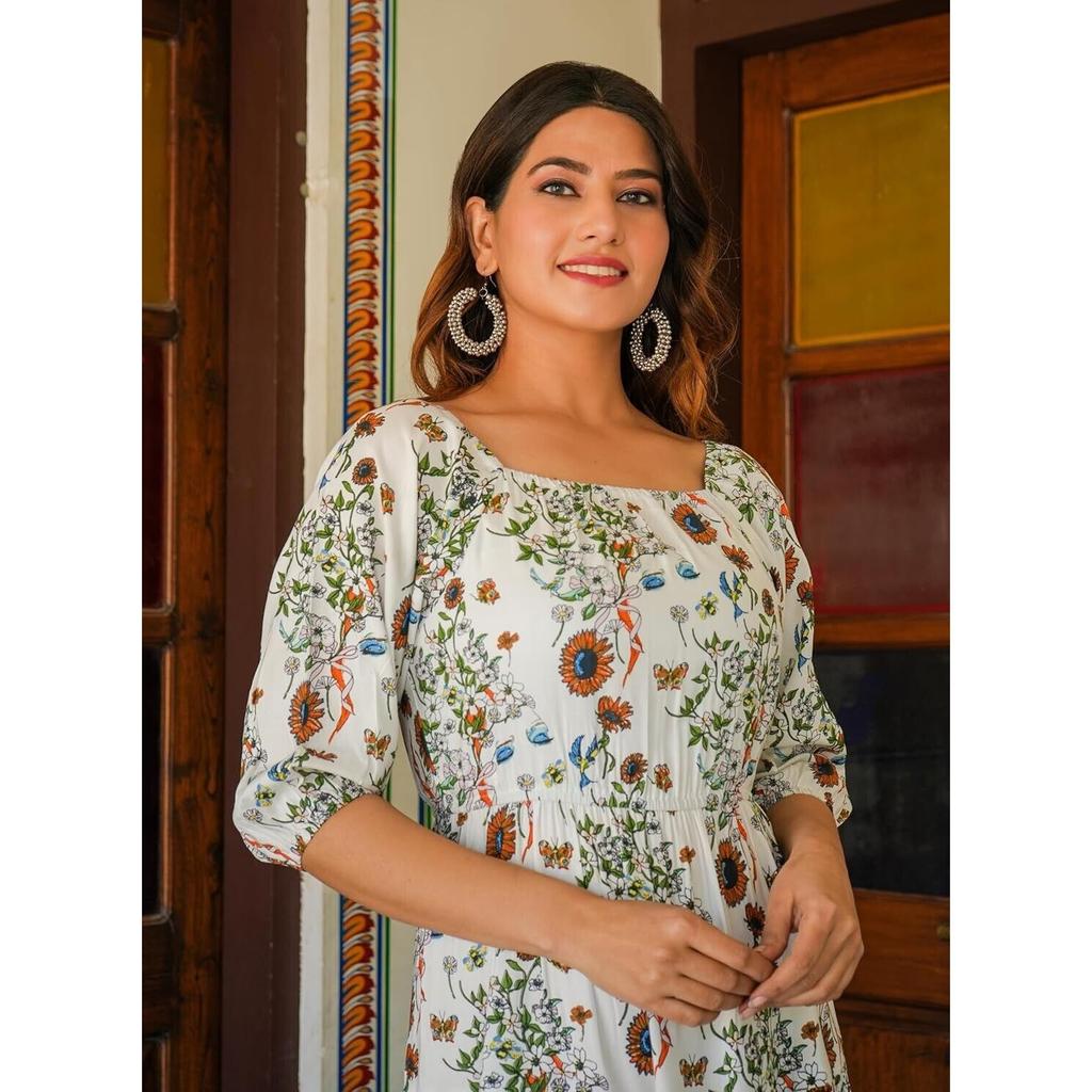 Women's Rayon Floral Printed Tiered Style Maxi Dress Top Tunic Party Wear Kurta VF-504
