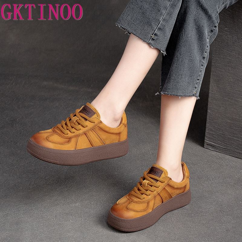 Fashion GKTINOO 2025 Autumn New Retro Lace-up Flat Platform Shoes Genuine Leather Sneakers Thick Soled Round Toe Casual Women's Shoes
