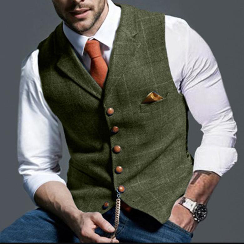 Gilet Uomo In Tweed Lana A Spina Di Pesce – Monopetto Slim Fit, Champagne, Taglie Da XS A 3XL, Per Matrimoni E Cerimonie