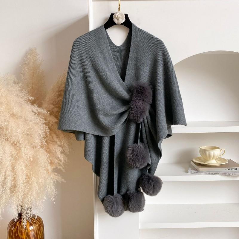2026 Knit Cape Shawl With Pom Poms Long Cardigan Wrap Coat Women