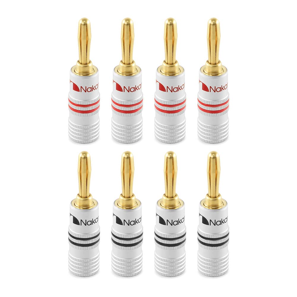 Nakamichi Banánky Pozlacené 24K Konektory pro reproduktorové kabely Hliníkový kovový plášť Velikost průřezu 4 mm Kusy Banánek 12AWG-18AWG (8 (4 páry), Zástrčky)
