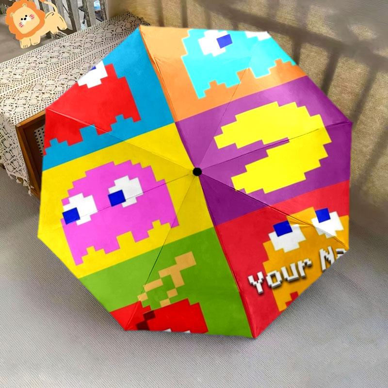 1 PC Automatic Folding Umbrella - Pac-Man Custom Name Pattern, Portable & Foldable Design with 8 Ribs, Christmas Birthday Gifts