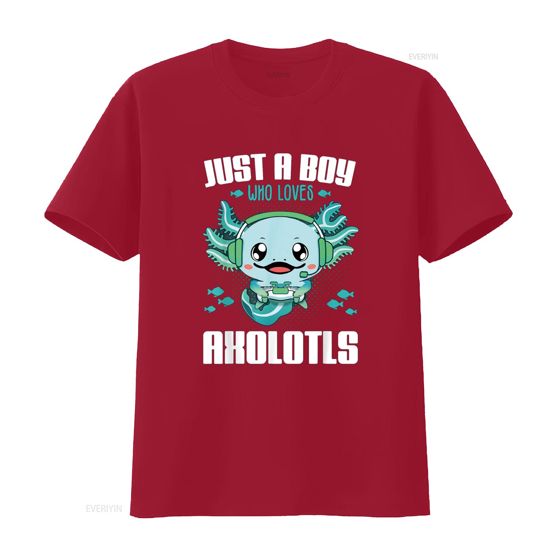 Just a Boy Who Loves Axolotls Funny Axolotl Kids Gamer T Shirt vintage Washed fashion Slightly Stretched Top For Everyday Wear S