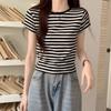 New Summer High-End Hong Kong Style Petite Cotton Striped Short-Sleeve Women's T-Shirt