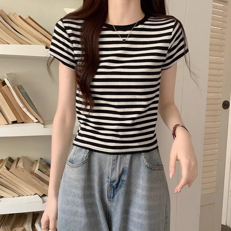 New Summer High-End Hong Kong Style Petite Cotton Striped Short-Sleeve Women's T-Shirt