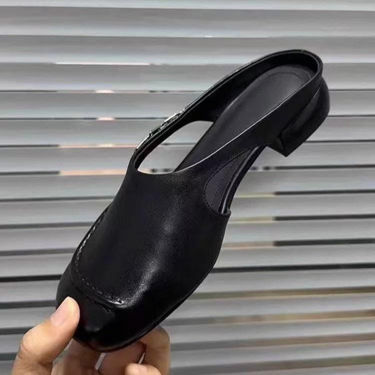Zapatillas de media caña de punta cuadrada versátiles para mujer para exterior 2025 nuevo verano cabeza de bolsa fondo plano perezosas un pedal Boken zapatillas frescas