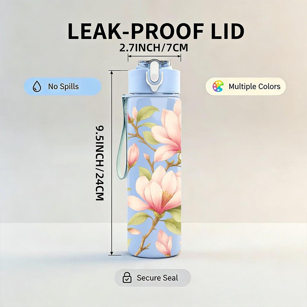 1PC Light Pink Magnolia Floral Print 750ml Color Plastic Sports Water Bottle Leakproof Flip Straw Lid Suitable for Sports Office Home Use