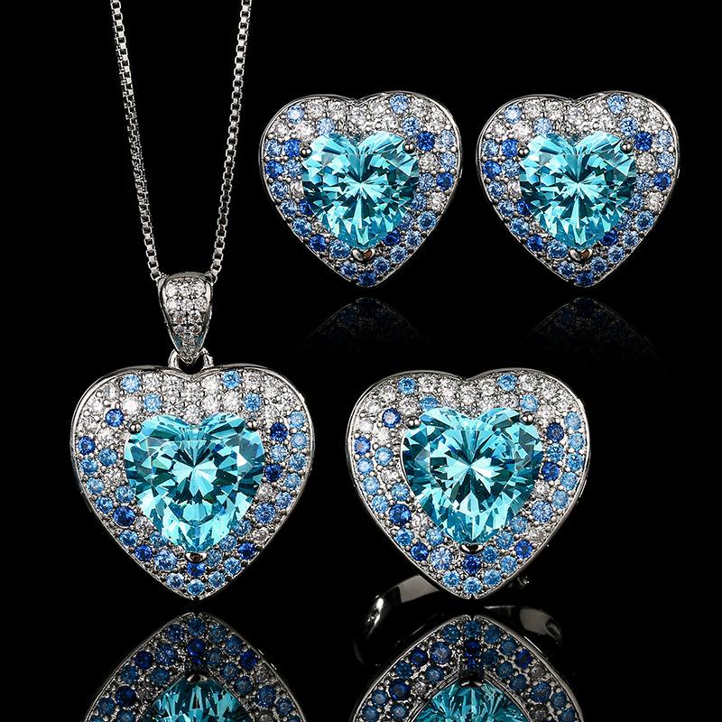 Jewelry Set Jewelry Classic Ocean Heart Earrings Necklace Ring Aquamarine Women