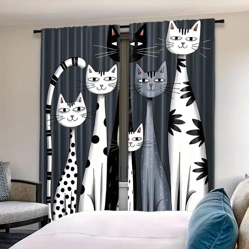 2 Pieces Of Whimsycat Modern Cat Print Printed Curtains, Pole Bag Curtains, Home Decoration, Room Decoration