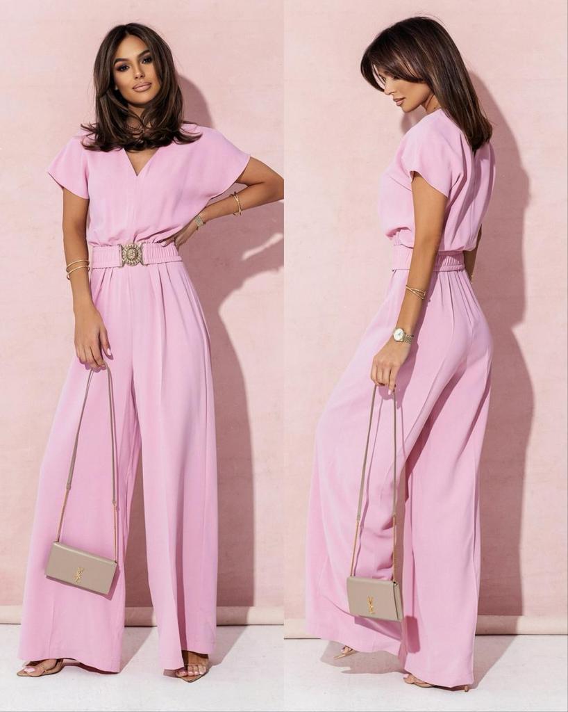 2024 Summer V-Neck Wide Leg Short Sleeve Jumpsuit