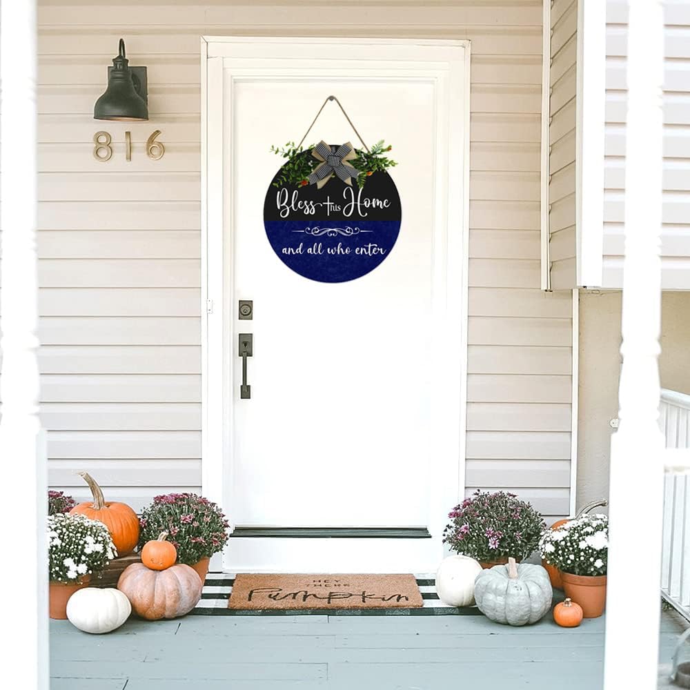 Front Door Blessed Wreaths Bless This Home and All Who Enter, Funny Welcome Wall Hanging Sign Plaque, for Front Door Entryway Porch House Decorations
