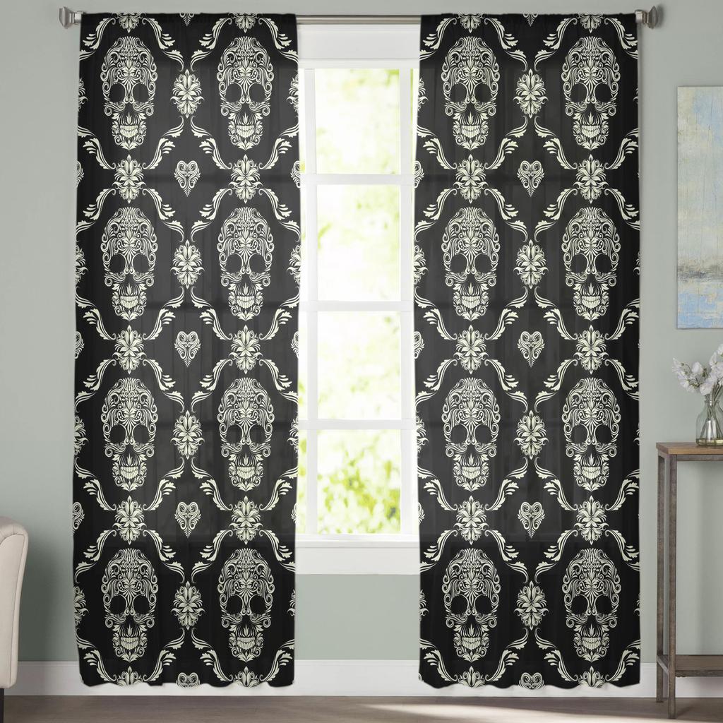 Skull Black Sheer Curtains Window Tulle Curtains For Living Room Bedroom For Kitchen Veiling Curtains Decoration