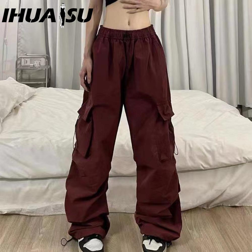 IHUASU Women Hip Hop Cargo Pants Baggy Solid Color Elastic Waist Trousers Loose Breathable Female Pants